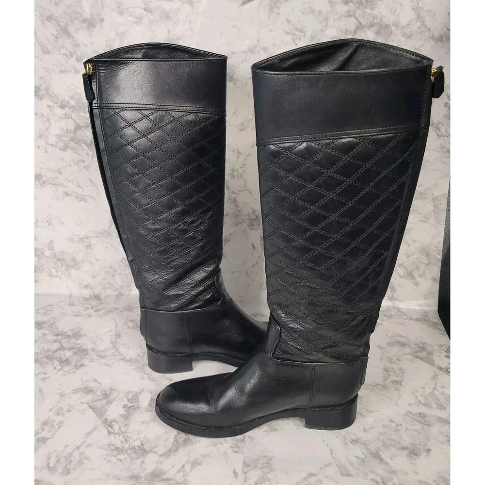 Tory Burch Black Quilted Leather Riding Boots Rear Zip Gold Logo 6.5M